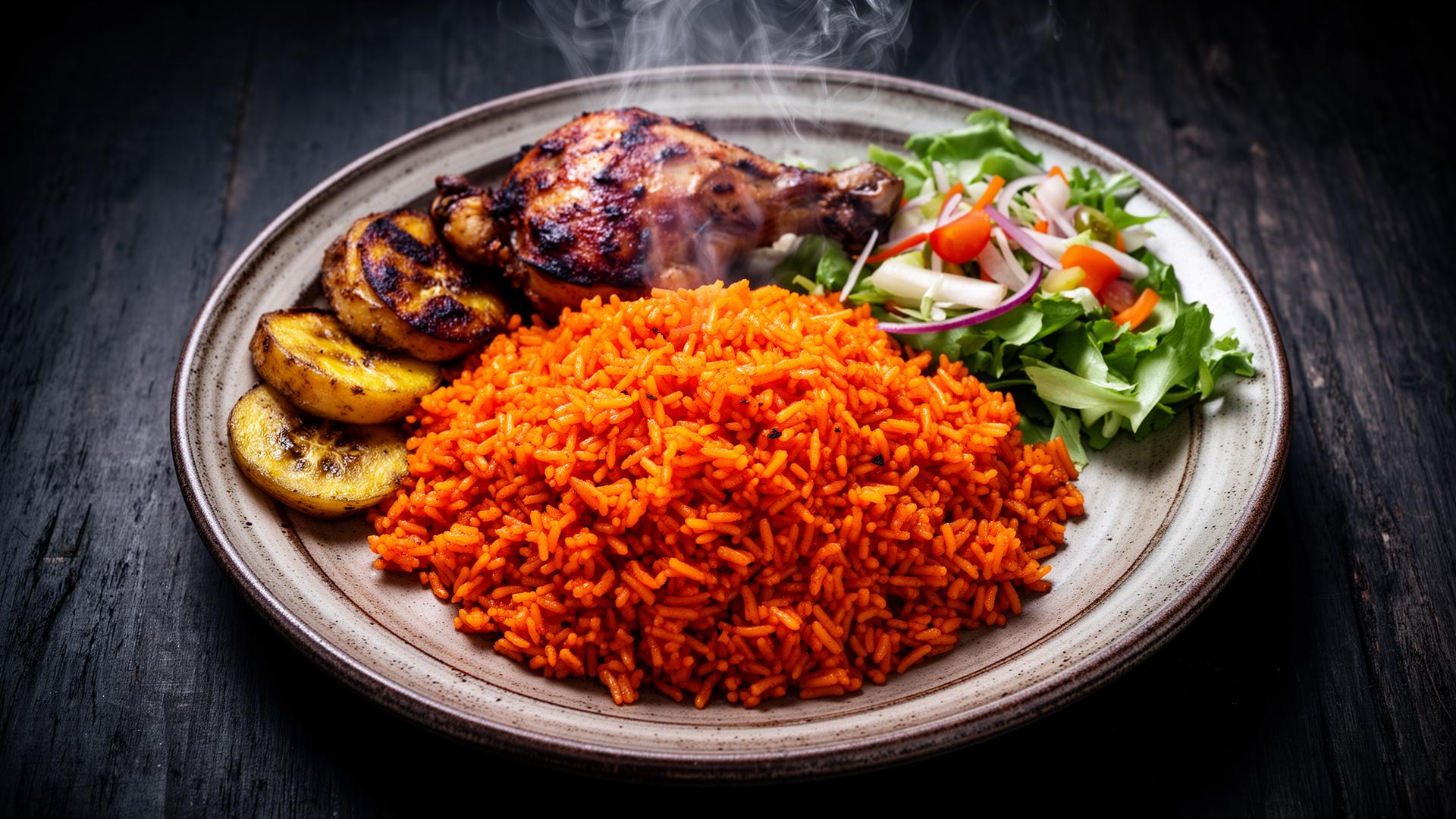 Nigerian jollof rice with grilled chicken and plantains